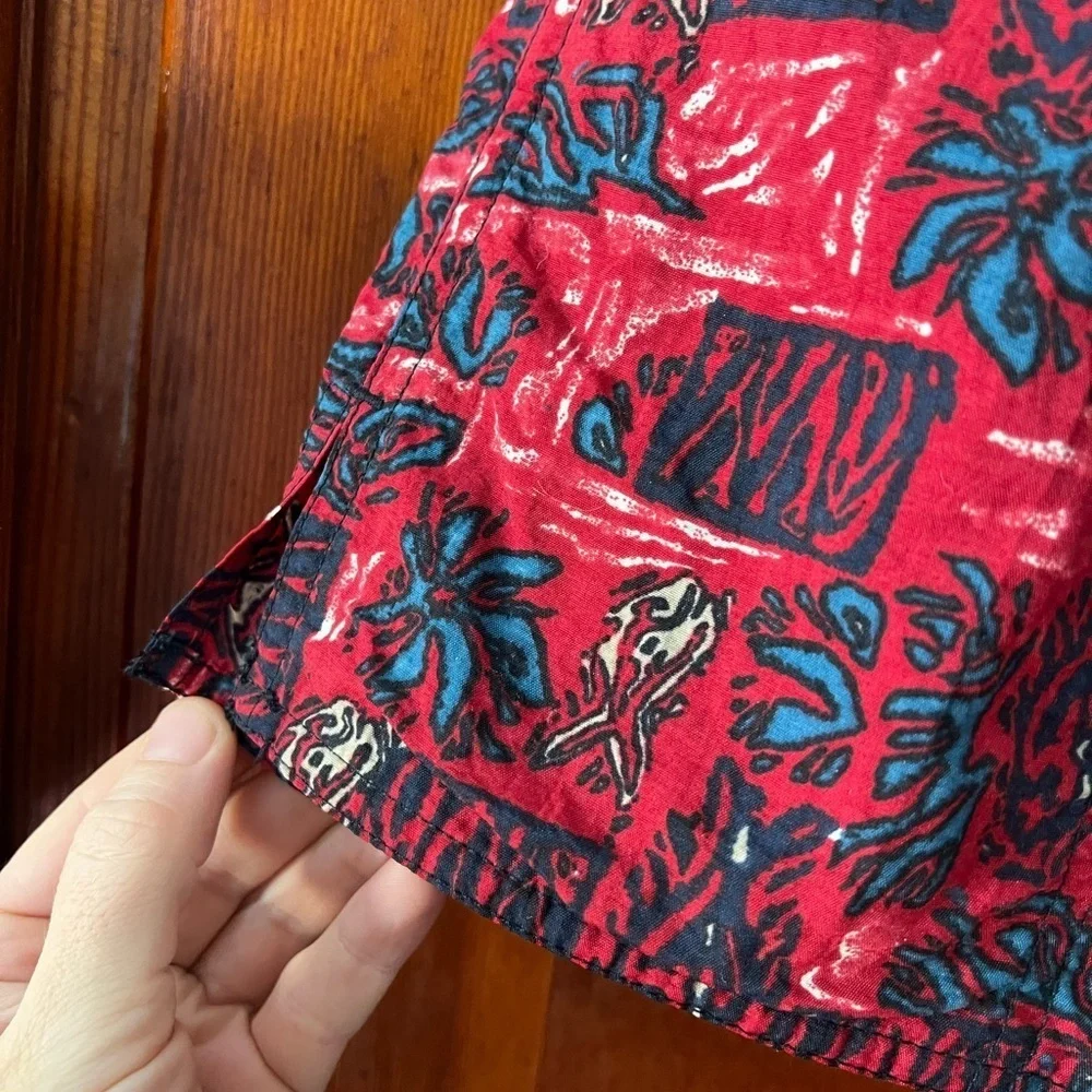 Vintage Newpork Blue Nylon Swim Shorts XL – Red & Teal Abstract Print Mesh Lined